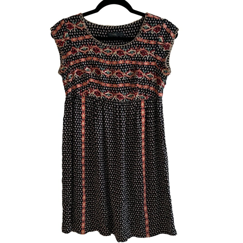 THML sleeveless embroidered minidress, black/multi, size Small